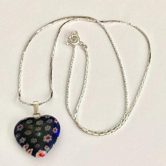 Blue Murano Glass Heart Necklace Millefiori Flowers Vintage Silver Plated 18" - Picture 8 of 10